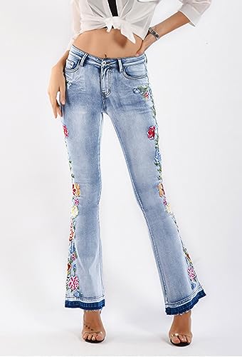 CHARTOU Womens Chic Floral Embroidered High-Rise Bell Bottom Flare Jeans Broad Feet Long Denim Pants4