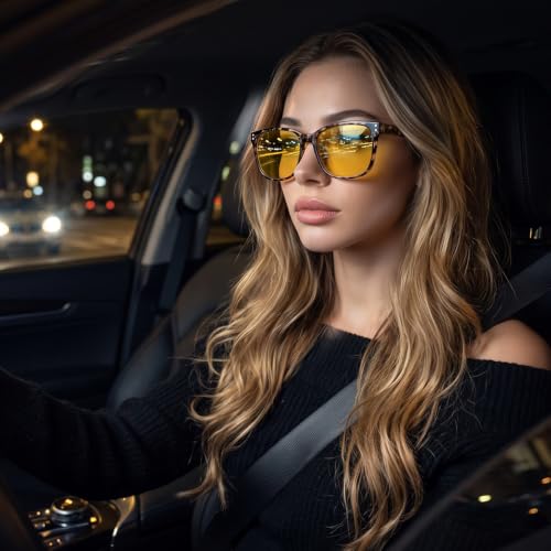 Image of Myiaur Women's Polarized Night Driving Glasses, Anti-Glare Yellow Lens | Nighttime Driving Glasses Boost Low Light Vision, UV400 Protection, Lightweight Frame For Night Driving, Rain & Fog