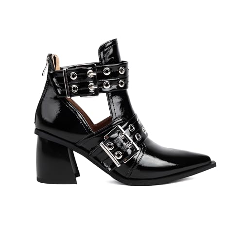 AIJIVOU Women's Cutout Double Buckle Strap Booties Pointed Toe Chunky Block Heel Sandals with Back Zipper Summer Ankle Boots Dressy Heeled Sandal2