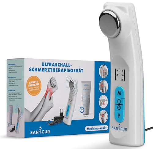 Sanicur Ultraschall-Schmerztherapiegerät – Zertifiziertes Medizinprodukt, Effektiv bei Muskelschmerzen, Arthrose, Zerrungen & Verspannungen, 150ml Ultraschallgel, 3 Intensitätsstufen, Rücken & Gelenke
