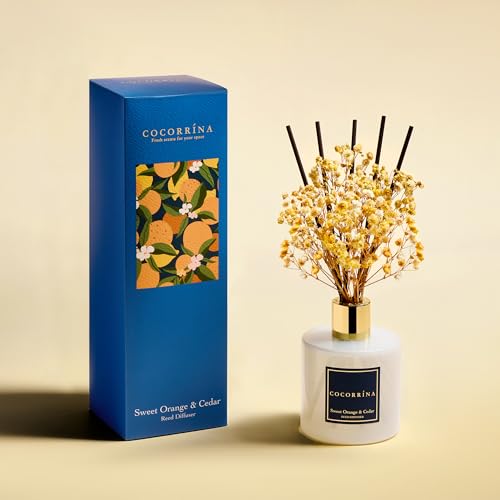 Image of COCORRINA Reed Diffuser - Sweet Orange & Cedar 6.7 Fl.oz Reed Diffuser Set with Sticks & Preserved Baby's Breath, Reed Diffuser for Home Bathroom Shelf Decor