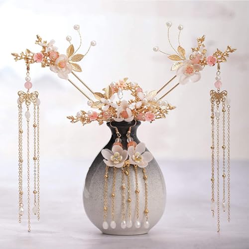 Palo para el cabello con borla larga y perlas chinas estilo vintage para moños de mujer 3
