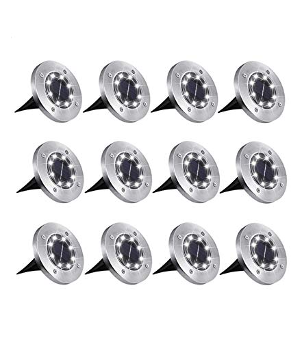Gmho 12 Pack Solar Ground Lights,8 LED Solar Disk Lights Solar Powered In-Ground,7000K White Landscape Lights for Pathway,Yard,Deck,Patio,Walkway- RoHS/CE (Cold White)