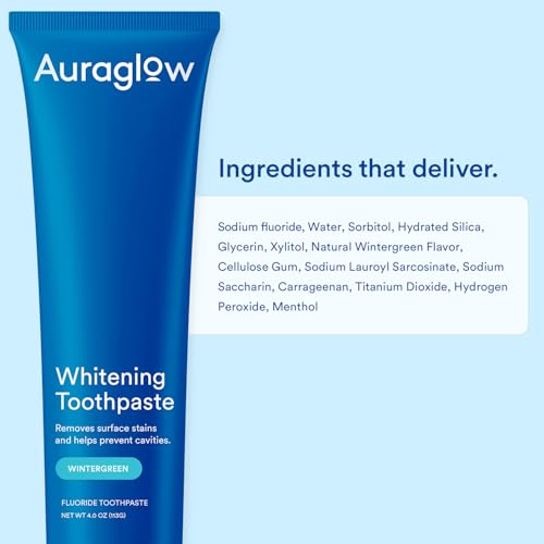 Image of Auraglow Whitening Toothpaste, Hydrogen Peroxide Toothpaste with Fluoride, Whitens Teeth, Prevents Cavities, Strengthens Enamel for Adults, Kids Oral Care, Wintergreen Flavor, 4 oz (1 Pack)