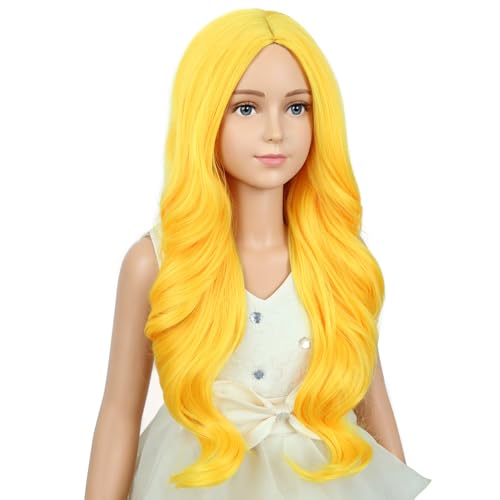 Image of PATTNIUM Yellow Wig for Kids Girls Long Wavy Curly Wig Yellow Middle Part Wigs Synthetic Costume Halloween Cosplay Wigs