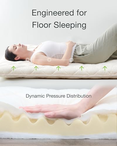 Image of FULI Premium Japanese Futon Bed, Foldable Floor Bed, Foam Core, Twin, White | Portable Sleeping Pad Shikibuton, Made in Japan, cotton surface, polyester and polyurethane foam fill, 2.5 in thick