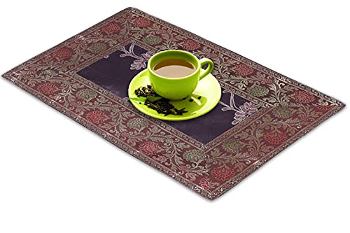 Image of E-EZRA Embroidery Home Decor Decorative Silk Dining Table Mats 6 Pieces Placemats 45x30 Cm (Brown)