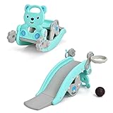 COSTWAY 4 in 1 Kinder Spielplatz mit abnehmbarem Hocker, Rutsche & Schaukelpferd & Basketballkorb & Wurfspiel, inkl. 1 Ball und 4 Ringe, geeignet f&uuml;r Kinder ab 1 Jahr (Gr&uuml;n-B&auml;r)