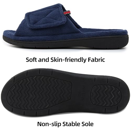 Women's Fuzzy Adjustable Arch Support Slippers Open Toe House Shoes for Orthopedic Plantar Fasciitis Furry Indoor Outdoor Slide Slippers All Season Black NavyBlue Color US6-US112