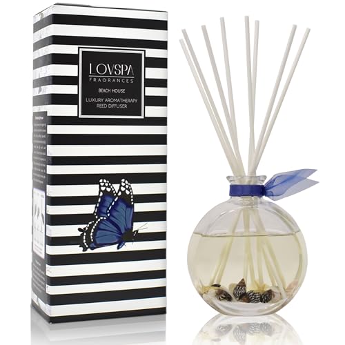 LOVSPA Reed Diffuser Set, Beach House Scented Oil Diffuser with Sticks, Home Fragrance Accessories for Bathroom Shelf Decor, Aroma Diffusers for Home or Office Desk, USA Made