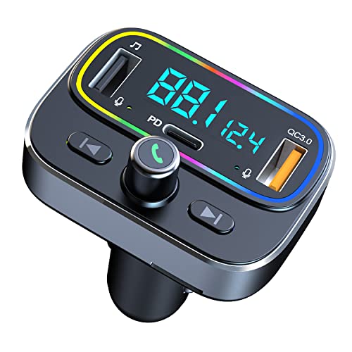 Transmetteur FM Bluetooth Voiture, Allume Cigare Bluetooth 5.0 Émetteur Radio, Chargeur Rapide de Voiture PD 20W Type C+ QC3.0, Appels Mains Libres, Lecteur de Musique MP3 Voiture Cover