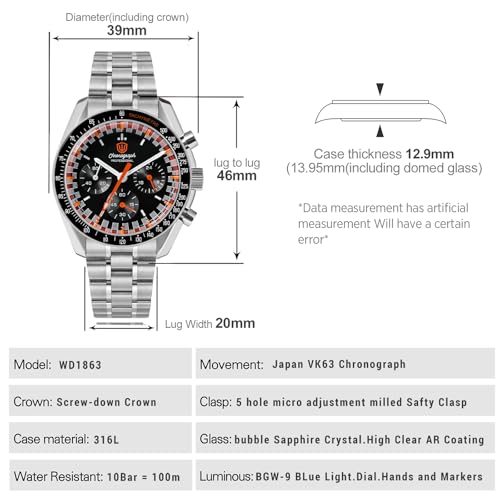 Image of watchdives WD1863 Men Chronograph Watch Japan VK63 Quartz Sports Watches 40mm Bubble Sapphire Crystal Wristwatch 100M Dive Watch