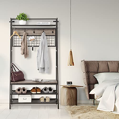O&K Furniture Entryway Hall Tree Coat Rack, 5 In 1 Hall Tree With 3-Tier Storage Bench, Multifunctional Entry Organizer With 11 Hooks For Mudroom, Hallway, Foyer-Gray Finish #TOP6