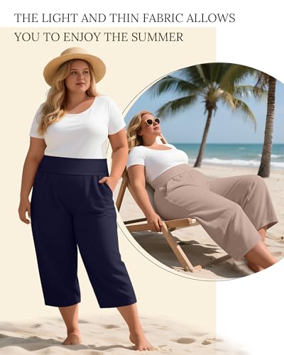 Neer 3 Pack Women's Plus Size Capri Pants, Wide Legs Elastic Waist Capris with Pockets Lounge Loose Sweatpants4