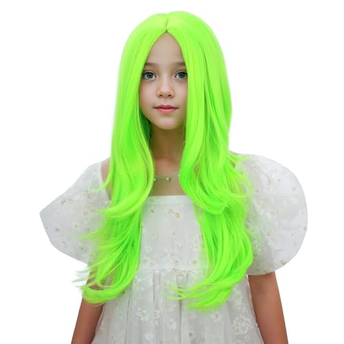 Image of Neon Green Wig for Kids Girls Long Green Ombre Middle Part Wig Children Light Green Wavy Curly Wig Heat Resistant Synthetic Wig with Wig Cap