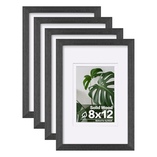 Egofine 8x12 Picture Frames Set of 4, Made of Solid Wood Covered by Plexiglass 5x7 and 6x8 with Mat or 8x12 without Mat, for Table Top Display and Wall Mounting Photo Frame Rustic Black