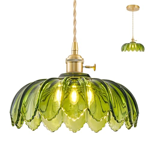 NETHCUEL Lustre Cuisine pour Îlot de Cuisine, Luminaire Vintage en Laiton, Suspension Verre Réglable pour Îlot de Cuisine Vert, Adapté à La Lustre Salon,...