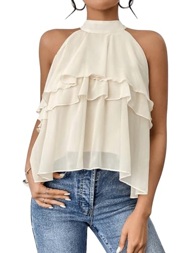 Floerns Women's Ruffle Hem Layered Blouse Top Halter Sleeveless Elegant Shirts
