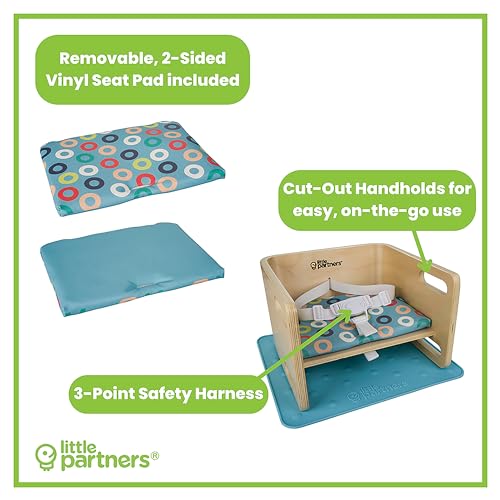 Image of Little Partners 3-in-1 Wooden Learning Booster Seat for Toddlers - Converts to Step Stool for Kids - Seat Cushion, Silicone Mat, and Booster Chair with Safety Straps - Feeding Chair (Natural)