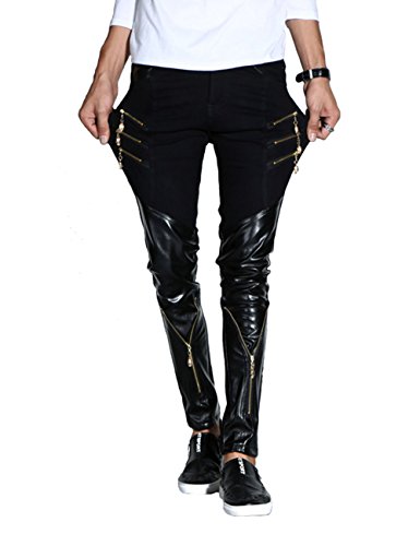 Rock Punk Men's Zippers Patch PU Leather Hip Hop Skinny Motocycle Pants