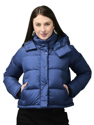 Image of Woods Women's Blue Solid Regular Fit Puffer Lightweight Quilted Winter with Detachable Hood, Full Sleeve Zip Closure & Front Pockets, Casual Outerwear for Cold Weather