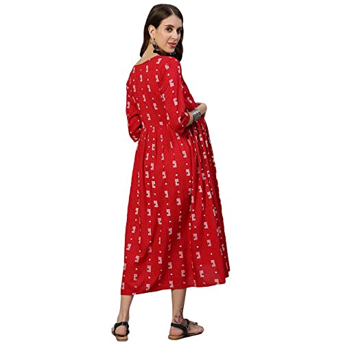 Image of anubhutee Women's Red Geometric Printed Maternity Flared Midi Dress