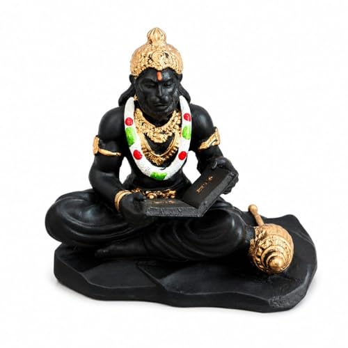 Image of Rhythm PRO Meditating Hanuman Ji Reading Ramayan Idol for Home Decor, Pooja Room, Office Desk & Gift Item | Black & Golden Polyresin Hanuman Statue (15 cm)