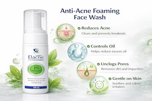Image of Elacne Foaming Face Wash with 2% Salicylic Acid, Zinc PCA and Natural Oils, for Oily and Acne-Prone Skin, 100 ml
