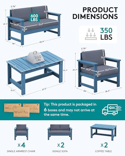 Image of SERWALL 8 Pieces HDPE Outdoor Conversation Sofa Set with Cushion, All Weather Couch Loveseat Furniture Set with Pads, Outdoor Social Sofa Coffee Table Set, Blue Frame with Grey Cushions