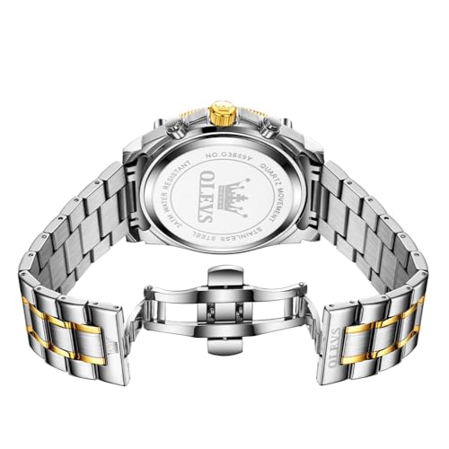 Image of OLEVS Men's Watch Luxury Big Face Stylish Original Business Dress Moon Phase Two Tone Stainless Steel Waterproof Calendar Wrist Watch