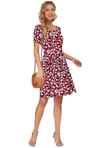 AUSELILY Damen Kurzarm Plissee Loose Swing Freizeitkleid mit knielangen Taschen Rote Blumen S 5
