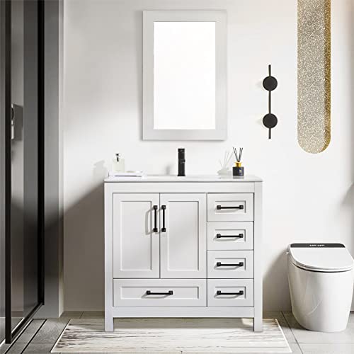 eclife 36'' Bathroom Vanities Cabinet with Sink Combo Set, Undermount Ceramic Sink with Thickened Wood, Matte Black Faucet, High-Definition Mirror, White eclife 36'' Bathroom Vanities Cabinet with Sink Combo Set, Undermount Ceramic Sink with Thickened Wood, Matte Black Faucet, High-Definition Mirror, White