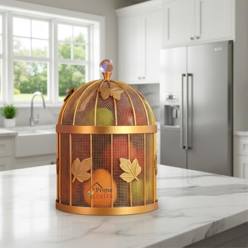 Image of Insect-Resistant Fruit and Vegetables Basket with Lid | Decorative Mesh (Jaali) Fruits and Vegetables Holder for Home and Kitchen - Gold