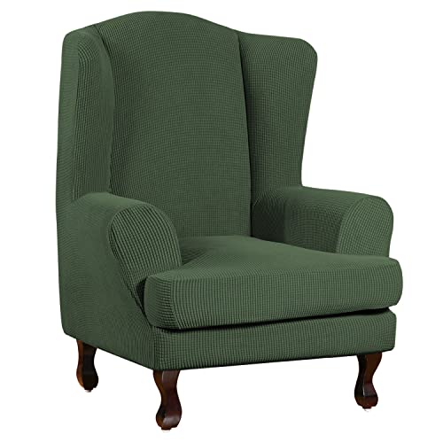 Image of Turquoize Wingback Chair Covers 2 Piece Wing Chair Slipcover Stretch Slipcovers for Wingback Chairs Wing Chair Cover Spandex Jacquard Fabric with Elastic Bottom Non-Slip Furniture Cover, Bronze Green