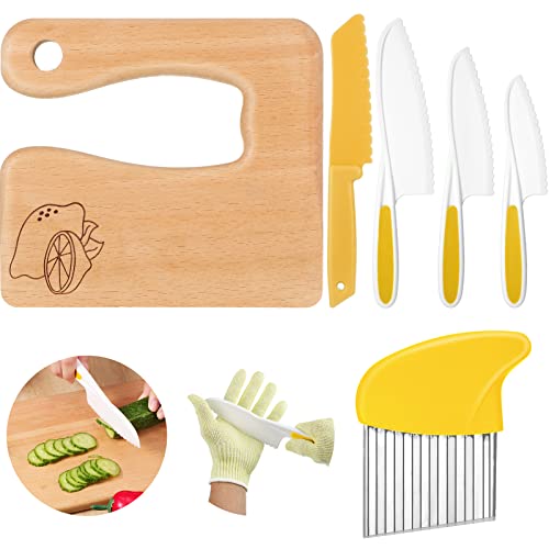 Image of Zhehao 7 Pieces Kids Knife Set for Real Cooking Wooden Knife for Toddler Christmas Gift Include Wood Knife Kids Plastic Slicers Cooking Knives Plastic Knife Resistant Gloves for Children(Lemon Style)