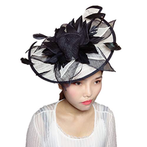 YSJOY Vintage Sinamay Feather Flower Fascinator Hat Two Way Wear Bridal Shower Hat Wedding Cocktail Tea Party Hat Church Kentucky Derby Hat Headwear Black