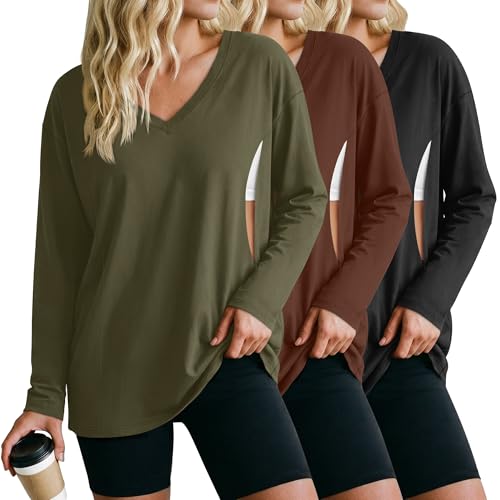 Sweetyweee 3 Pack Women's Oversize Nursing Shirts for Breastfeeding with Hidden Zippers Loose Fit Long Sleeve Maternity Tops(Olive, Mocha, Black,Medium)