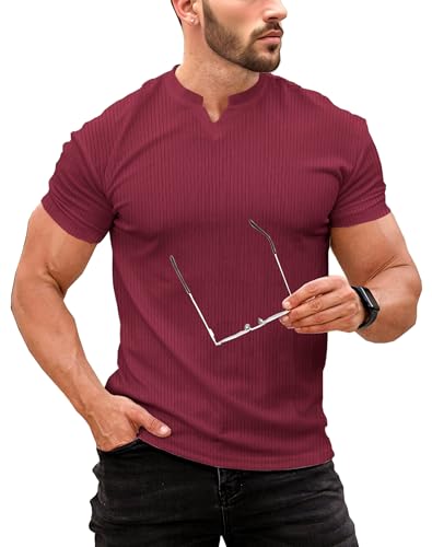 Lehmanlin T-shirt met lange en korte mouwen voor heren, smalle pasvorm, V-hals, atletisch bovendeel casual, rekbaar en geribbeld, Rood - Kort, XL