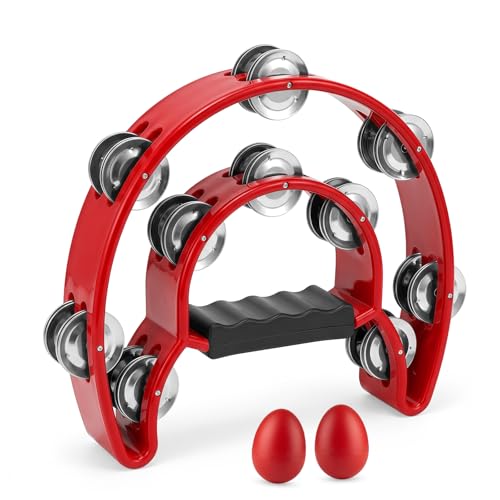 Halbmond Tamburin mit 2 Musikeie Hand Tambourine für Bands Musikunterricht Party (Zweilagig rot)