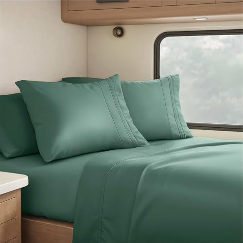Image of Nestl Forest Green Short Queen Sheets for RV, Hotel Luxury RV Queen Sheets Set, 4 Piece Fitted Bed Sheet Set and Pillowcases, Super Soft, Wrinkle-Free, and Breathable Camper Bedding
