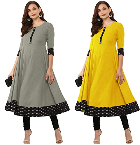 Image of NATEK Cotton Anarkali Printed Border Kurtis for Women Combo Pack of 2