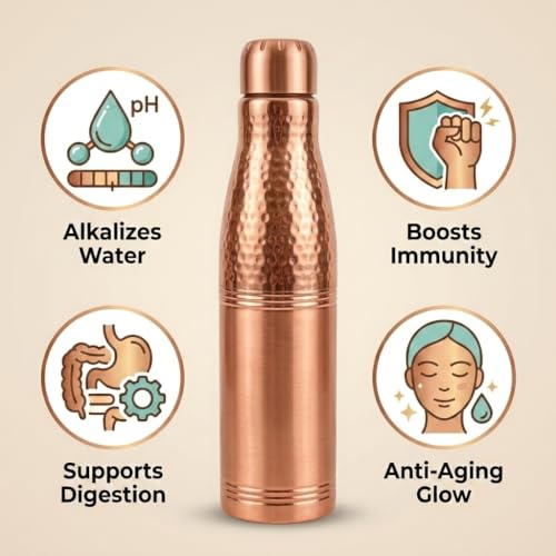 Image of Copper-Master 1 Liter Pure Copper Water Bottle - Loban Bottle Half Hammered Dual Finish, Leakproof Ayurvedic Tamra Jal Vessel for Home, Gym, Yoga & Office (1000ml / 34 oz)