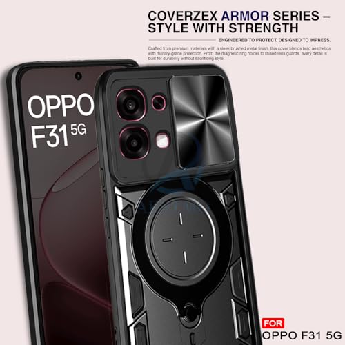 Image of AESTMO Armor Oppo F31 / F33 5G Bumper Back Case Cover | Ring Holder & CD Pattern Sliding Camera Shutter Cover | Back Case Cover for Oppo F31 / F33 5G (Black)
