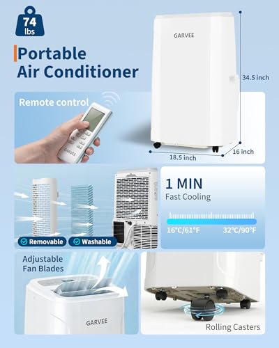 Image of Garvee Portable Air Conditioner 14,000BTU, Remote Control, Portable AC Unit, Dehumidifier, Fan, 850Sq.Ft Cool /Dry /Swing,Quite,LCD Display,Fast Cool, Air Purification,1400W, CEER7.83,Grey