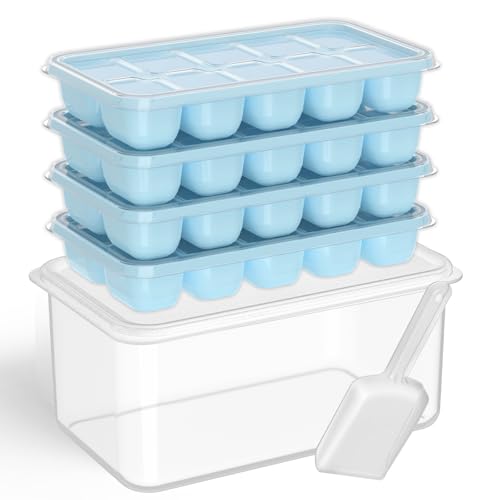 DOQAUS Ice Cube Tray with Lid and Bin, 4 Pack Silicone Plastic Ice Cubes Trays for Freezer with Box/Container, Stackable with Storage Iced Bucket Kits, Scoop, for RV, Soup, Food, Cocktail, Coffee