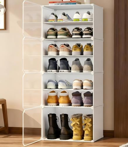 Image of CoolLeaf Shoe Rack Plastic, 8-Layer Shoes Rack for Home Plastic, Closed Shoe Rack with Door, Soft PP Sheet Shoe Stand Organiser 18 Pairs Sneakers /Heels /Slippers on Bedroom Entryway,White