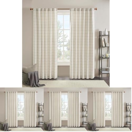 Image of Madison Park Anaheim Cabin Plaid Curtain Window, Thermal Insulated Fleece Lining, Living Room Decor Room Darkening Drape for Bedroom, 1-Single Panel, 50x95, Rod Pocket & Back Tab, Natural (Pack of 4)
