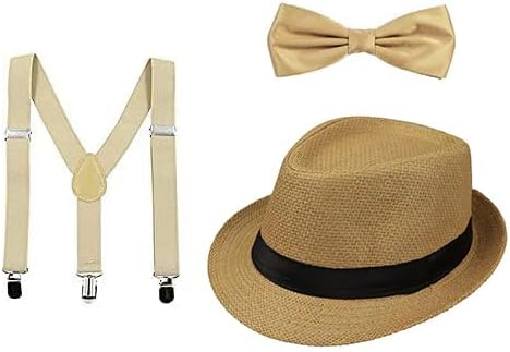 CLOTHERA Suspender and Bow Tie Set with Matched Straw Hat for Kids 4yrs to 10yrs- Beige