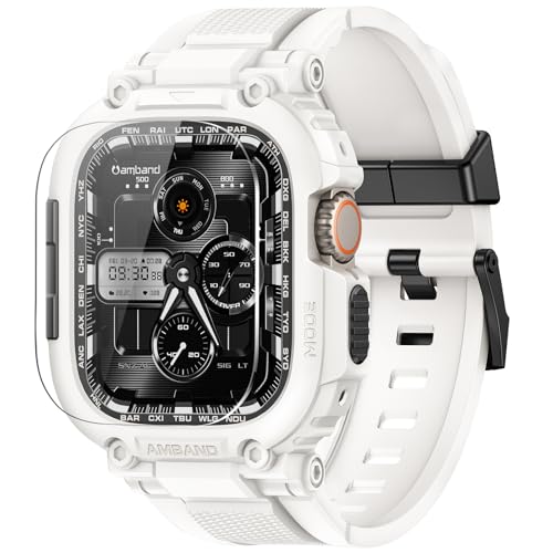 Image of amBand Bands Case Screen Protector Compatible with Apple Watch Ultra 3 /2 /1 49mm, M1 Sport Series Rugged Cover Strap and 9H Tempered Glass Film, Protective Bumper for iWatch 49 mm Men White