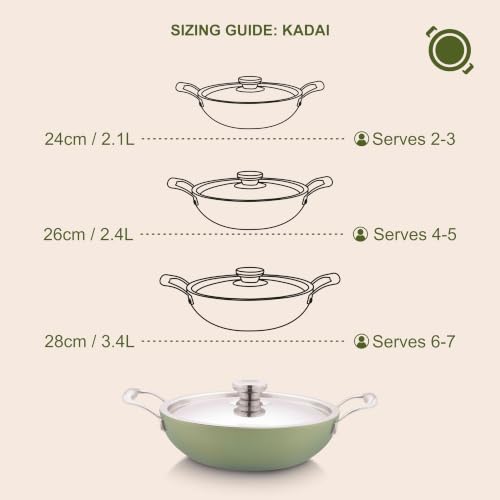 Image of The Chef Story Ceramic Cookware Mycera Series Deep Kadhai with SS Lid 28CM - 3.4 Litre | Quantaseal Technology | 100% Non- Toxic | Induction Ready | Eco-Friendly | 5* Years Warranty- Green